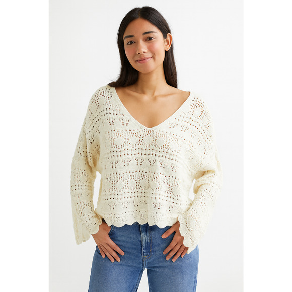 Sincerely Jules Women’s Ivory Crop Crochet  Sweater Oversized Boho Pullover Sz L - Picture 1 of 10